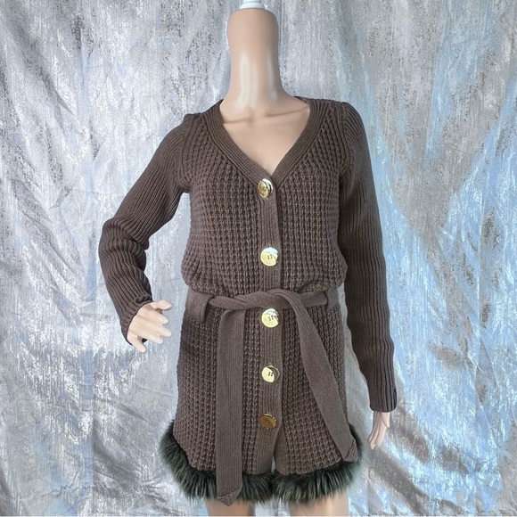 Anselmi Sweaters - Anselmi Brown Button-Up Belted Women Sweater Medium Faux Fur Hem